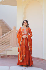 Orange Elegant Fendy Fabric Embroidered Gown with Dupatta Set