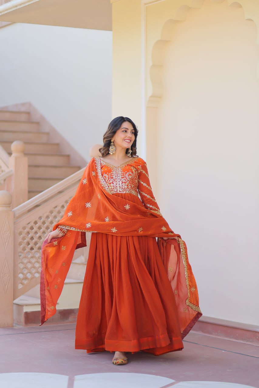 Orange Elegant Fendy Fabric Embroidered Gown with Dupatta Set