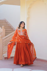 Orange Elegant Fendy Fabric Embroidered Gown with Dupatta Set