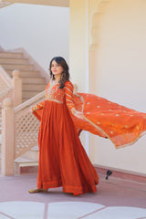 Orange Elegant Fendy Fabric Embroidered Gown with Dupatta Set