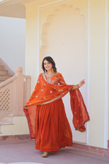 Orange Elegant Fendy Fabric Embroidered Gown with Dupatta Set