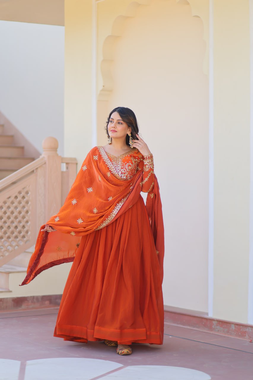 Orange Elegant Fendy Fabric Embroidered Gown with Dupatta Set