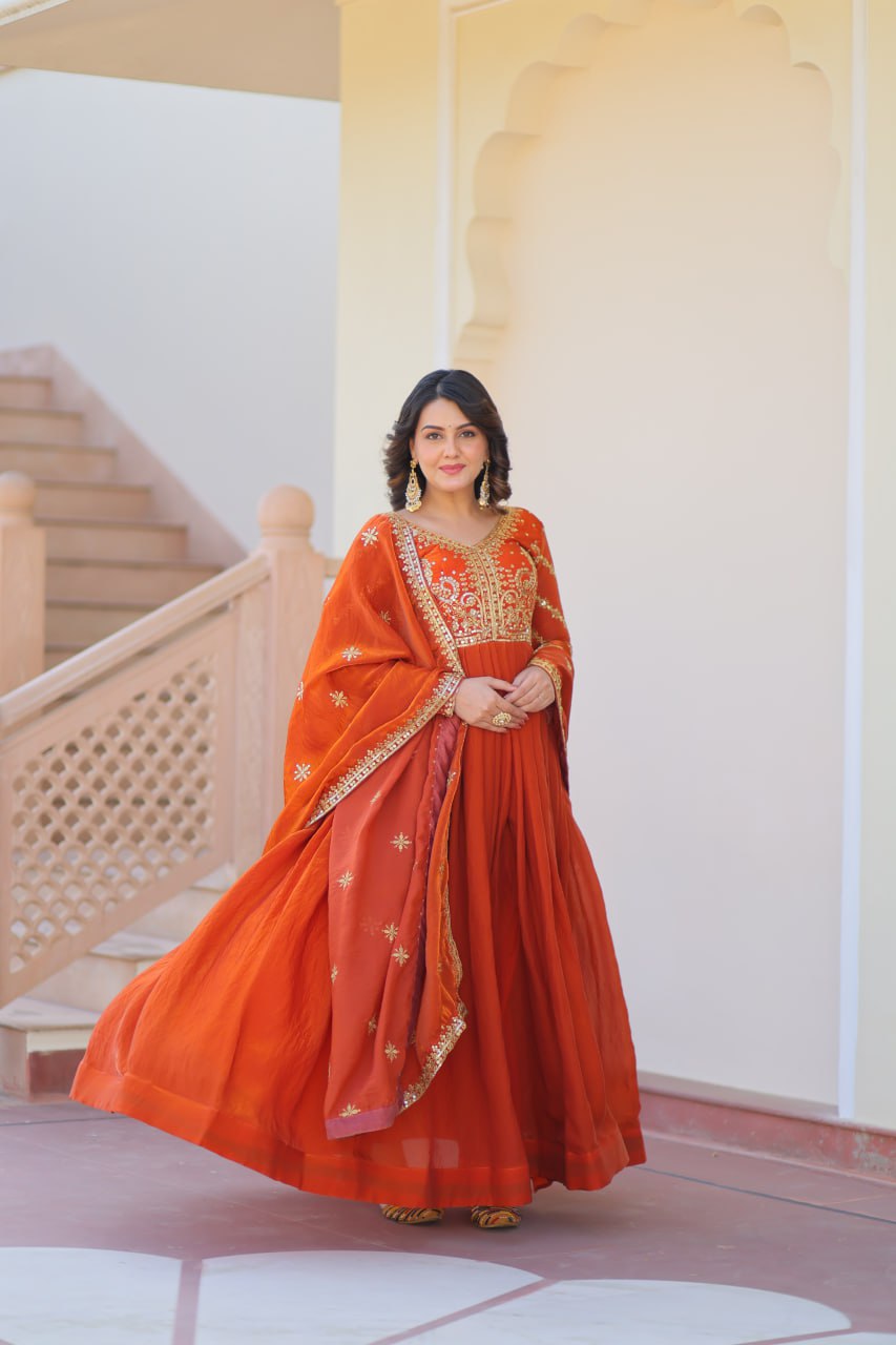 Orange Elegant Fendy Fabric Embroidered Gown with Dupatta Set