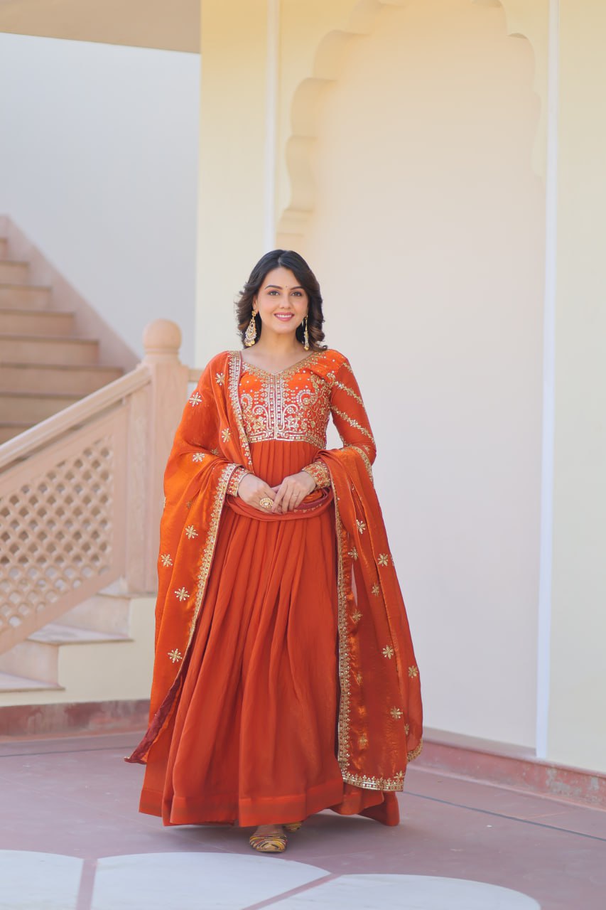 Orange Elegant Fendy Fabric Embroidered Gown with Dupatta Set