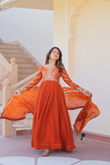 Orange Elegant Fendy Fabric Embroidered Gown with Dupatta Set