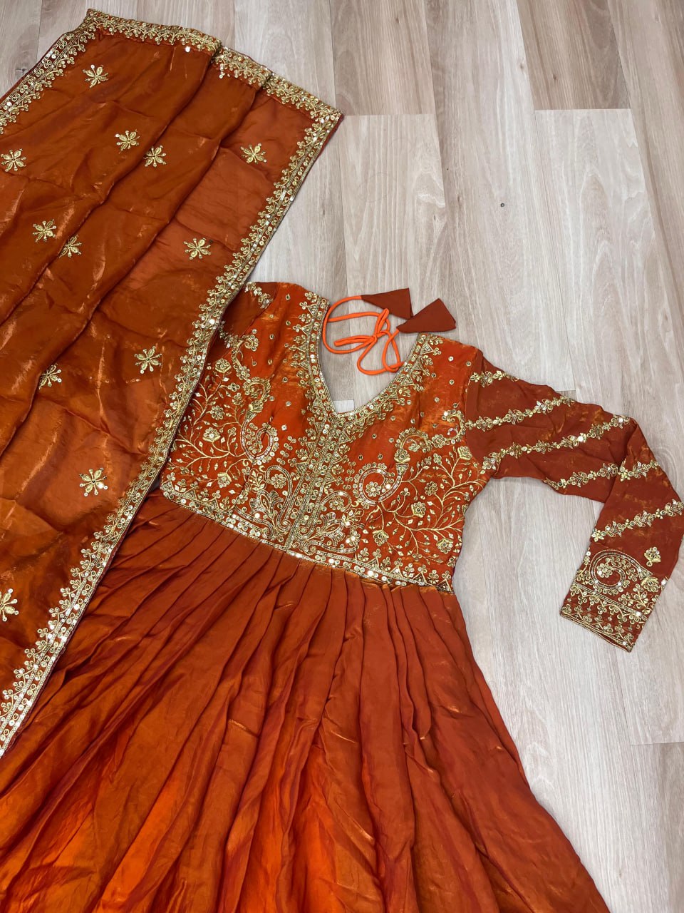 Orange Elegant Fendy Fabric Embroidered Gown with Dupatta Set