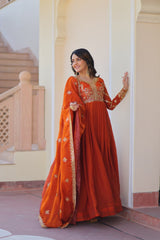Orange Elegant Fendy Fabric Embroidered Gown with Dupatta Set