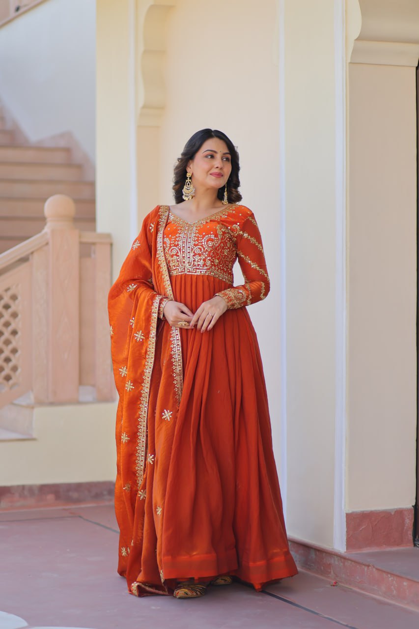 Orange Elegant Fendy Fabric Embroidered Gown with Dupatta Set