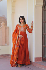 Orange Elegant Fendy Fabric Embroidered Gown with Dupatta Set