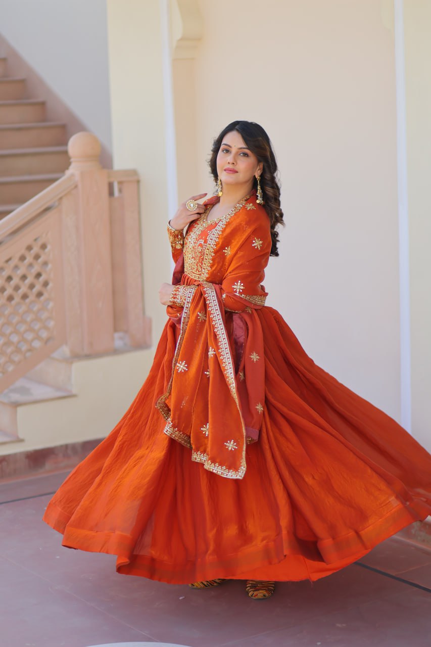 Orange Elegant Fendy Fabric Embroidered Gown with Dupatta Set