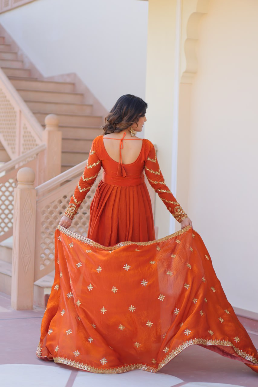 Orange Elegant Fendy Fabric Embroidered Gown with Dupatta Set