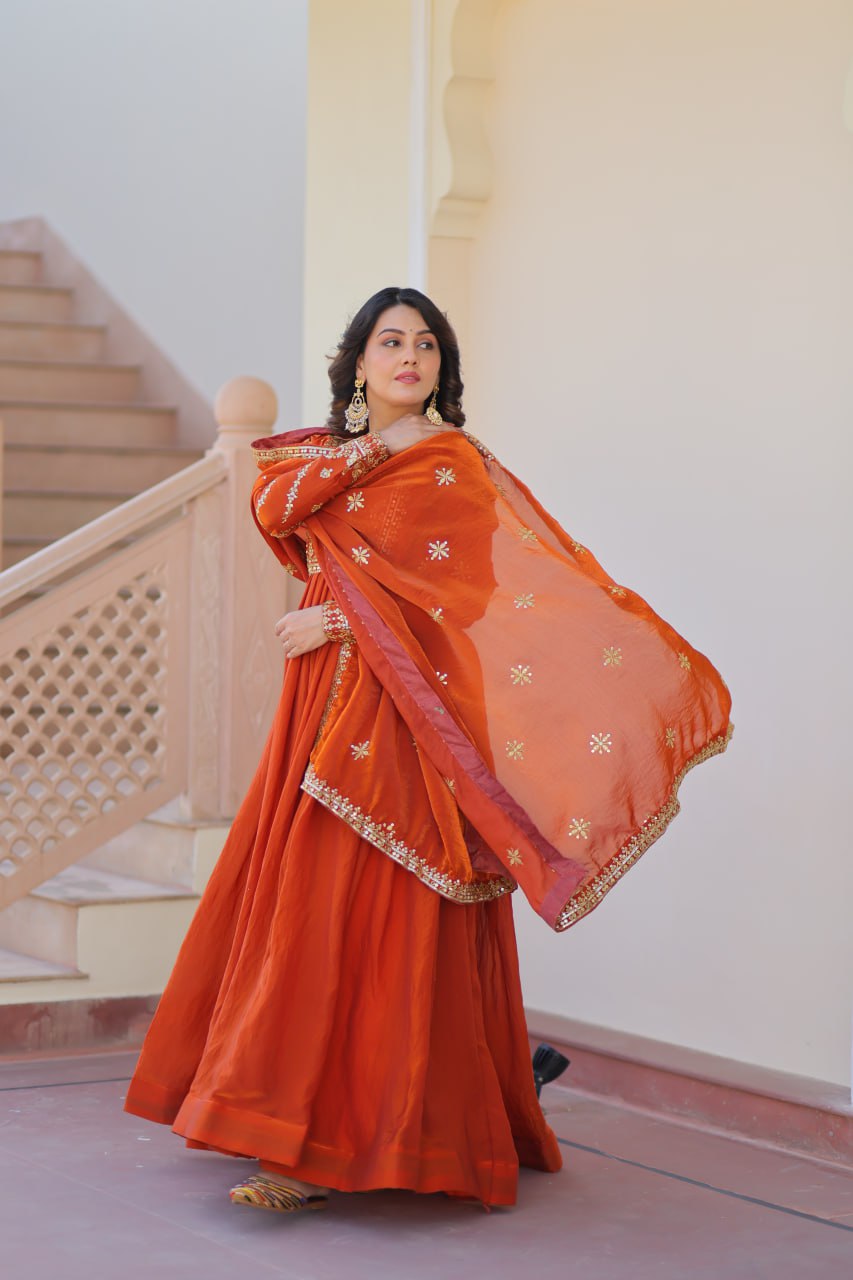 Orange Elegant Fendy Fabric Embroidered Gown with Dupatta Set
