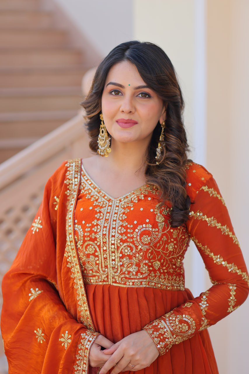 Orange Elegant Fendy Fabric Embroidered Gown with Dupatta Set