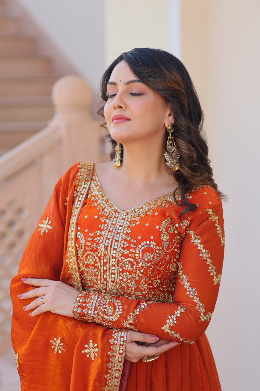 Orange Elegant Fendy Fabric Embroidered Gown with Dupatta Set