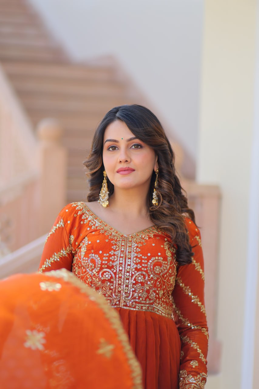 Orange Elegant Fendy Fabric Embroidered Gown with Dupatta Set