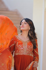 Orange Elegant Fendy Fabric Embroidered Gown with Dupatta Set