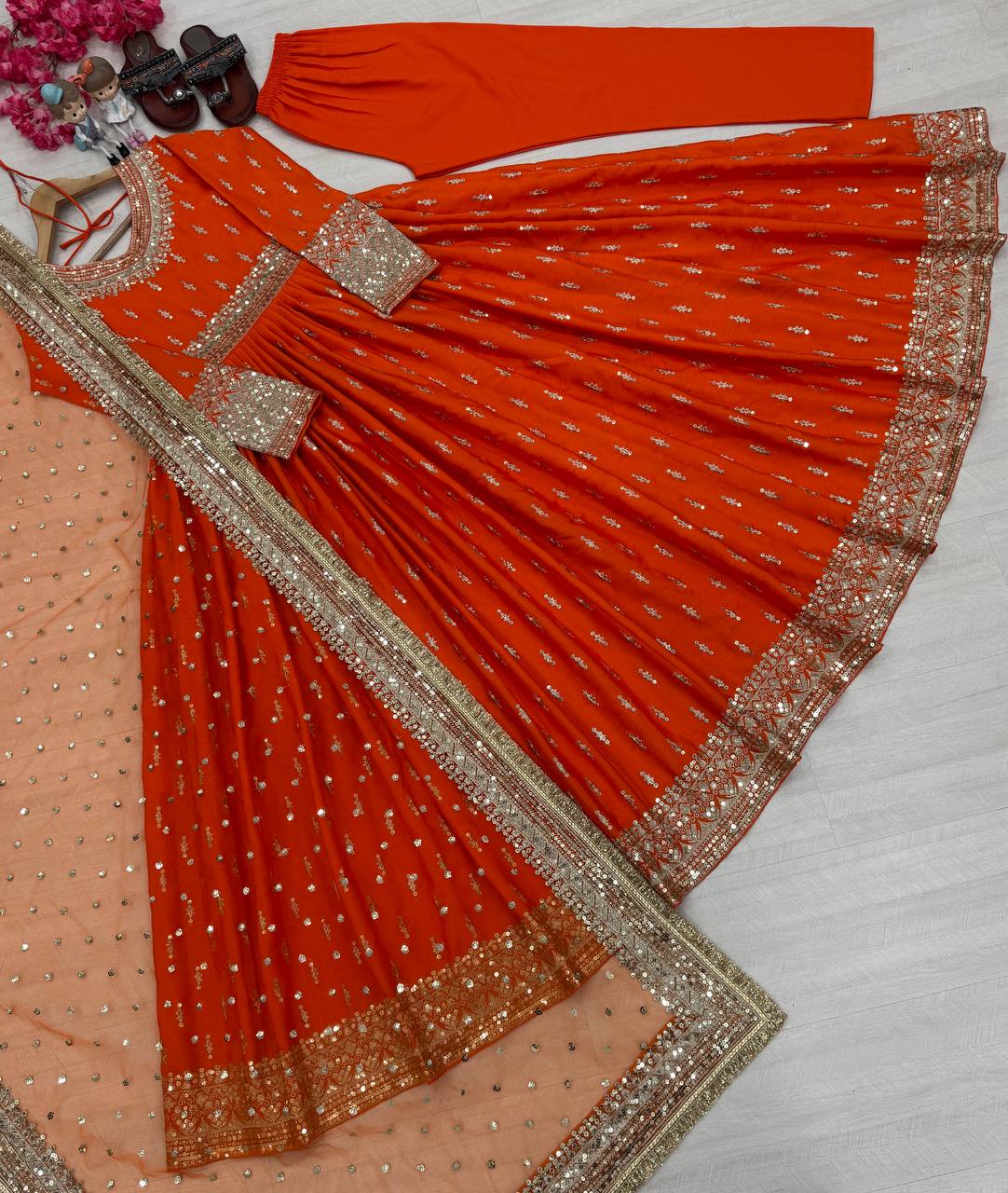 Orange Elegant Heavy Chinon Silk Embroidered Gown Set with Tassel Sleeves, Bottom & Butterfly Net Dupatta