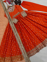 Orange Elegant Heavy Chinon Silk Embroidered Gown Set with Tassel Sleeves, Bottom & Butterfly Net Dupatta