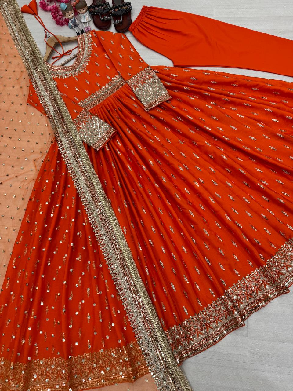 Orange Elegant Heavy Chinon Silk Embroidered Gown Set with Tassel Sleeves, Bottom & Butterfly Net Dupatta
