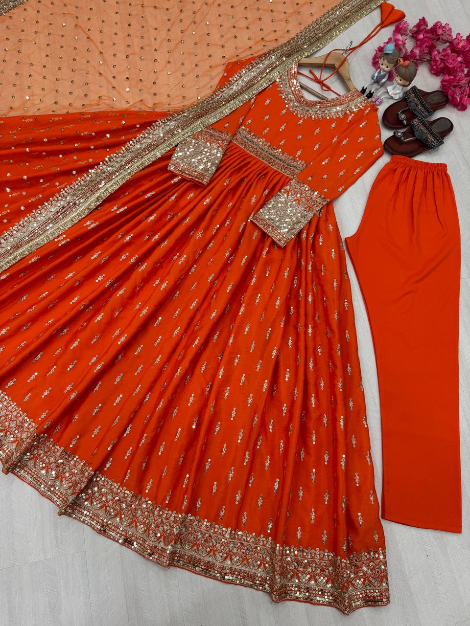 Orange Elegant Heavy Chinon Silk Embroidered Gown Set with Tassel Sleeves, Bottom & Butterfly Net Dupatta