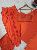 Orange Elegant Ready-to-Wear Dhoti Style Set with Shrug & Unstitched Choli