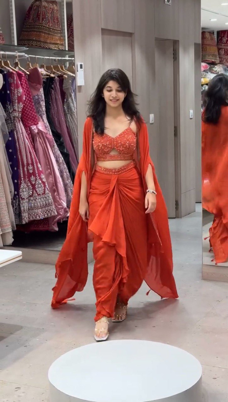 Orange Elegant Ready-to-Wear Dhoti Style Set with Shrug & Unstitched Choli