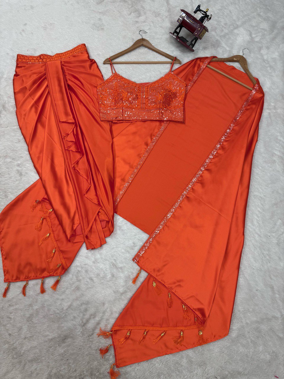 Orange Elegant Ready-to-Wear Dhoti Style Set with Shrug & Unstitched Choli