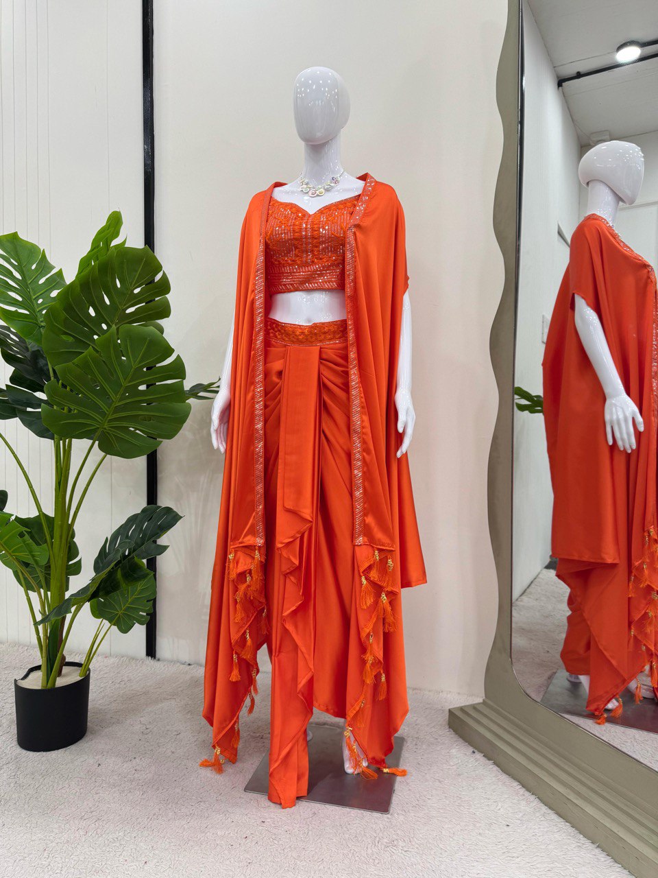 Orange Elegant Ready-to-Wear Dhoti Style Set with Shrug & Unstitched Choli