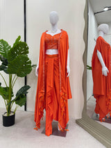 Orange Elegant Ready-to-Wear Dhoti Style Set with Shrug & Unstitched Choli