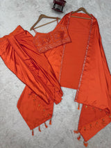 Orange Elegant Ready-to-Wear Dhoti Style Set with Shrug & Unstitched Choli