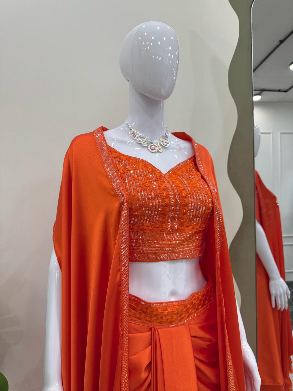 Orange Elegant Ready-to-Wear Dhoti Style Set with Shrug & Unstitched Choli