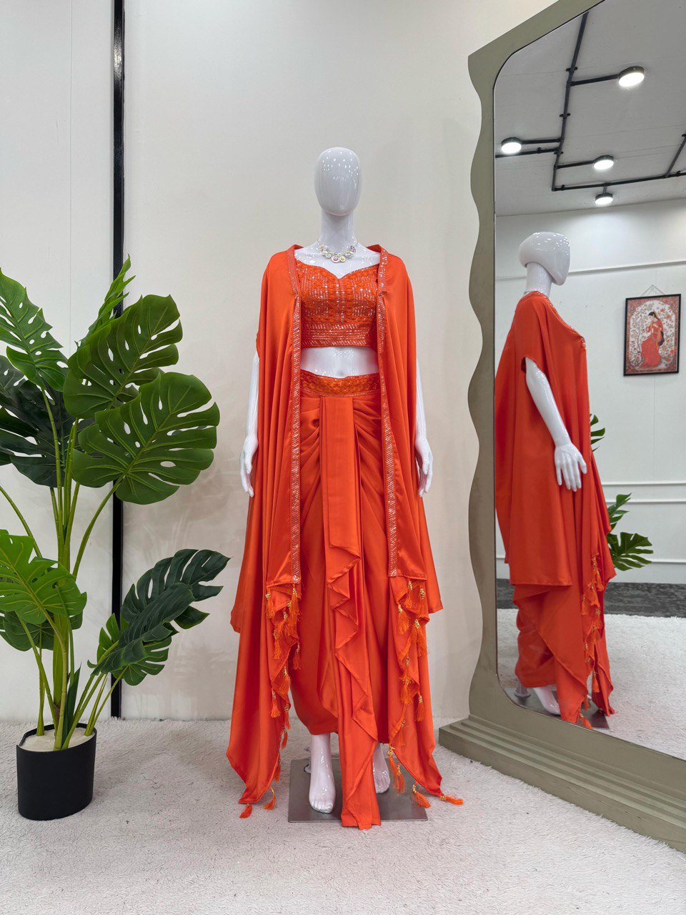 Orange Elegant Ready-to-Wear Dhoti Style Set with Shrug & Unstitched Choli