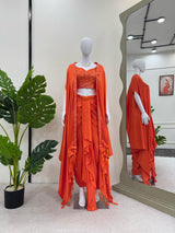 Orange Elegant Ready-to-Wear Dhoti Style Set with Shrug & Unstitched Choli
