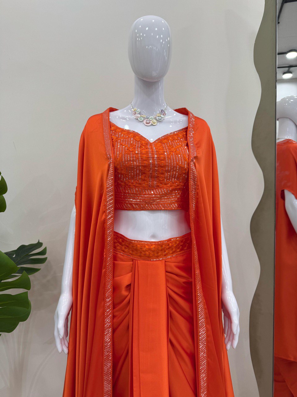 Orange Elegant Ready-to-Wear Dhoti Style Set with Shrug & Unstitched Choli