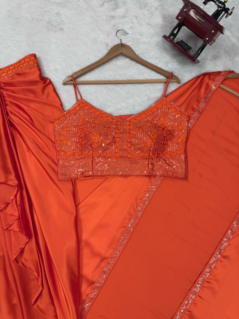 Orange Elegant Ready-to-Wear Dhoti Style Set with Shrug & Unstitched Choli