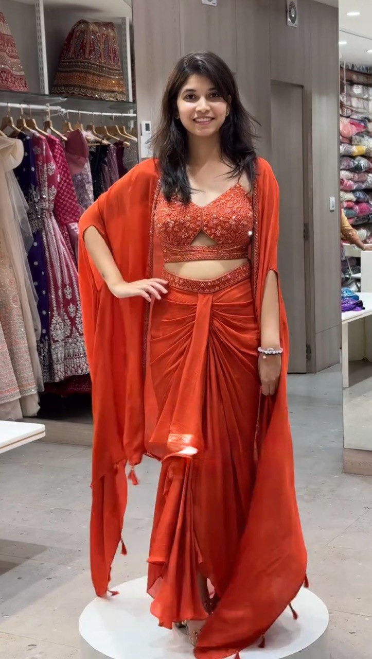 Orange Elegant Ready-to-Wear Dhoti Style Set with Shrug & Unstitched Choli