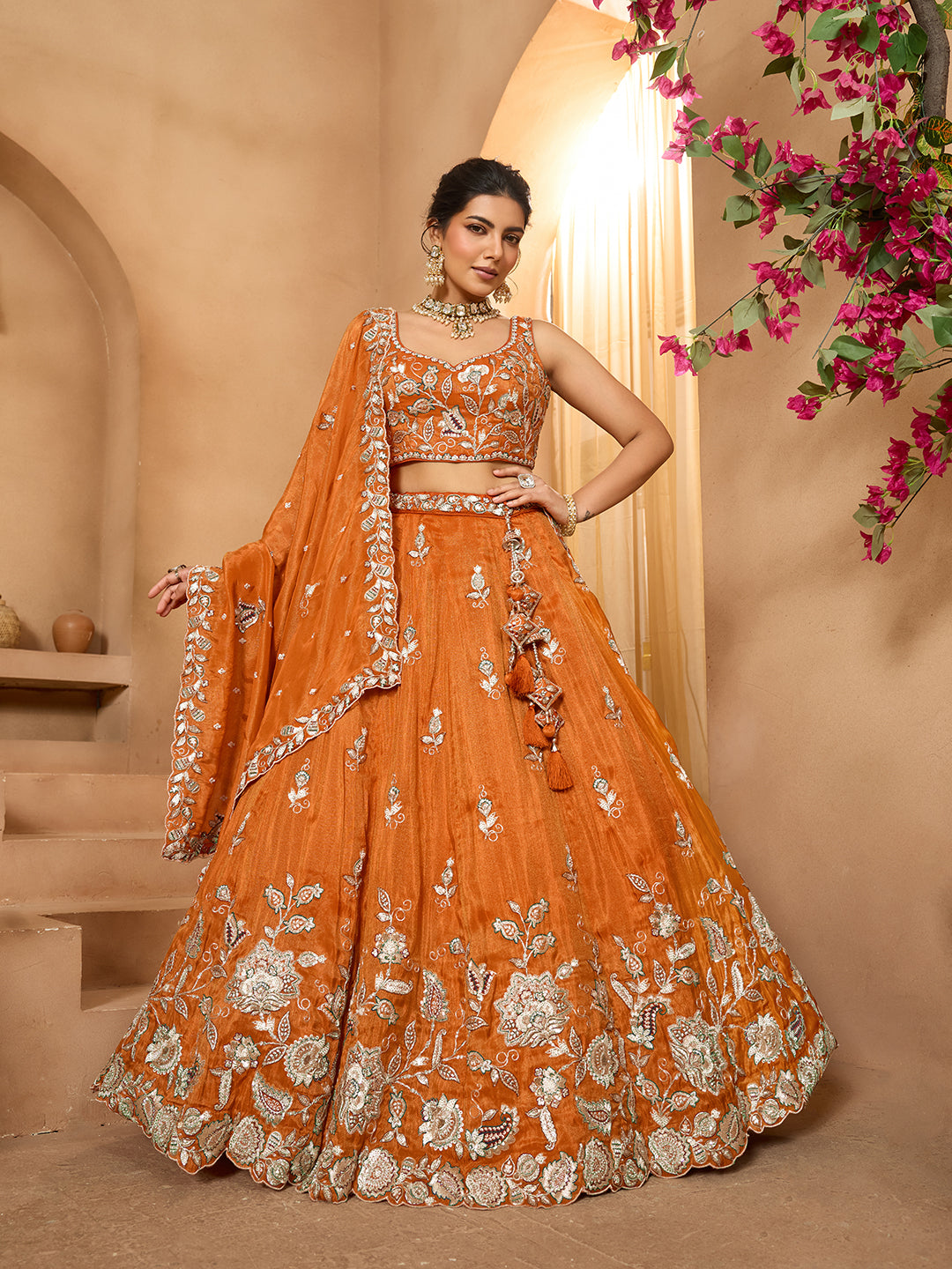 Orange Elegant Tissue Lehenga Choli with Matching Dupatta – Sequins, Stones & Thread Embroidery Festive & Party Wear