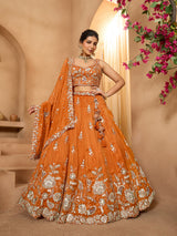 Orange Elegant Tissue Lehenga Choli with Matching Dupatta – Sequins, Stones & Thread Embroidery Festive & Party Wear