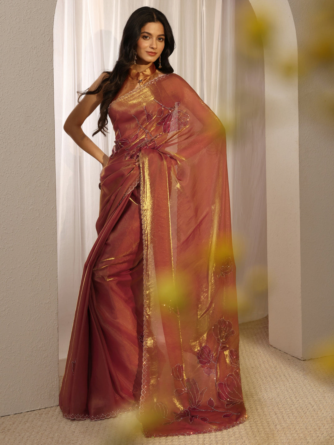 Mameraa Orange Embellished Tissue Saree With Unstiched Blouse Piece