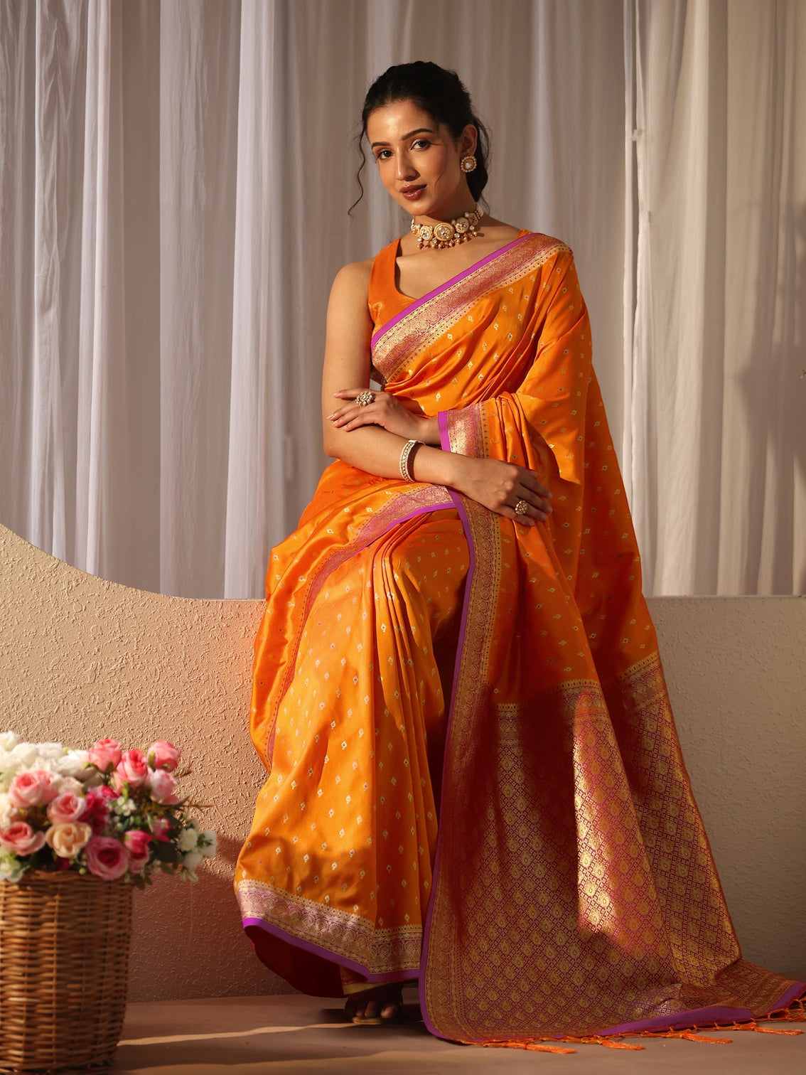 Mameraa Orange Kanjeevaram Silk Blend Saree