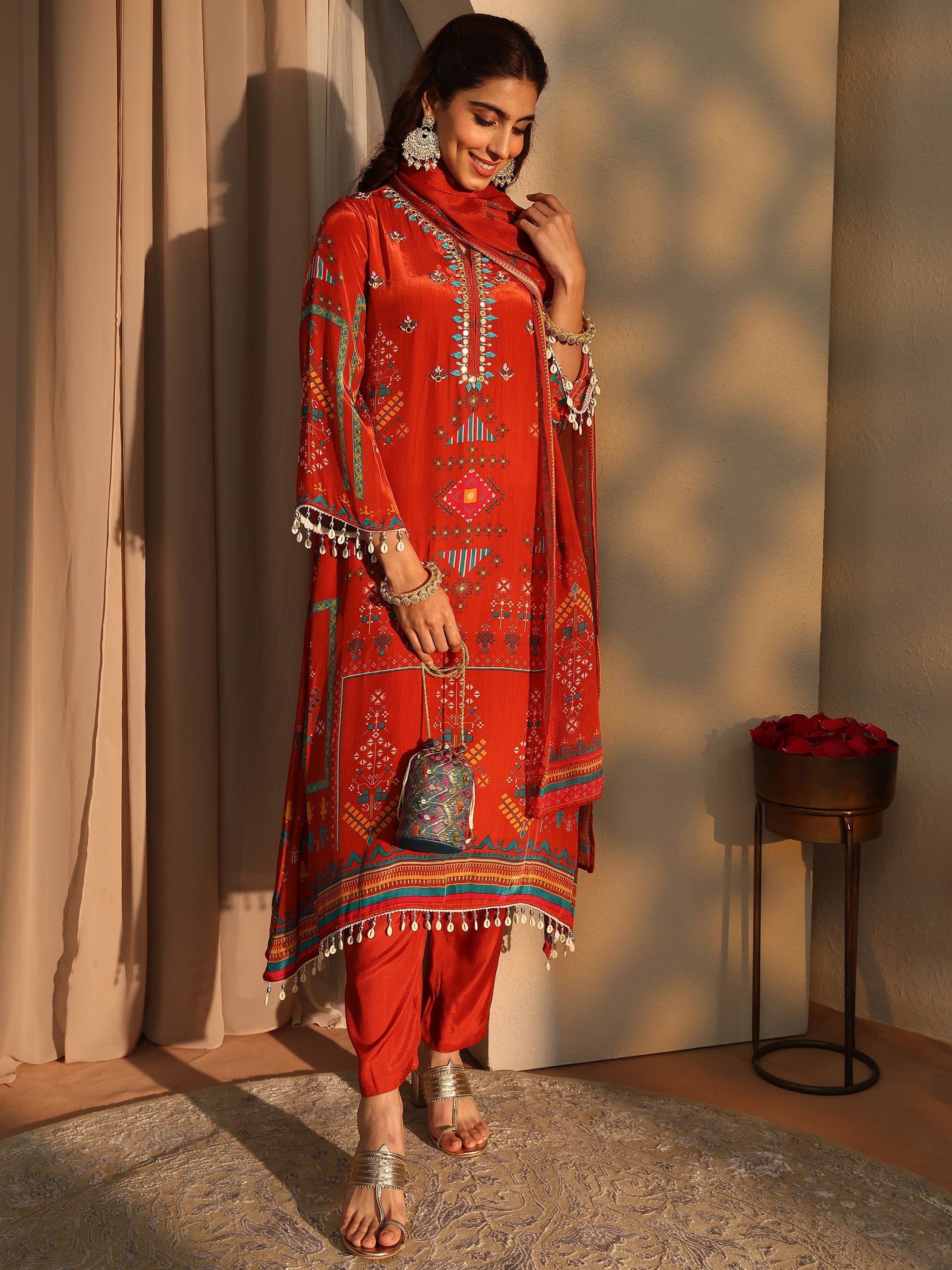 Libas Orange Ethnic Motifs Printed Silk Crepe Straight Suit Set With Dupatta
