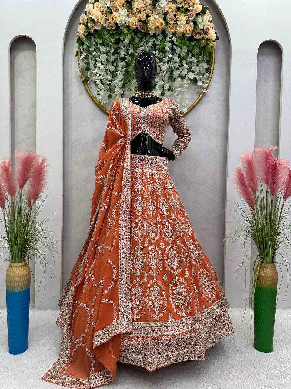 Orange Faux Georgette Semi-Stitched Lehenga Set with Coding Dori & Sequin Work