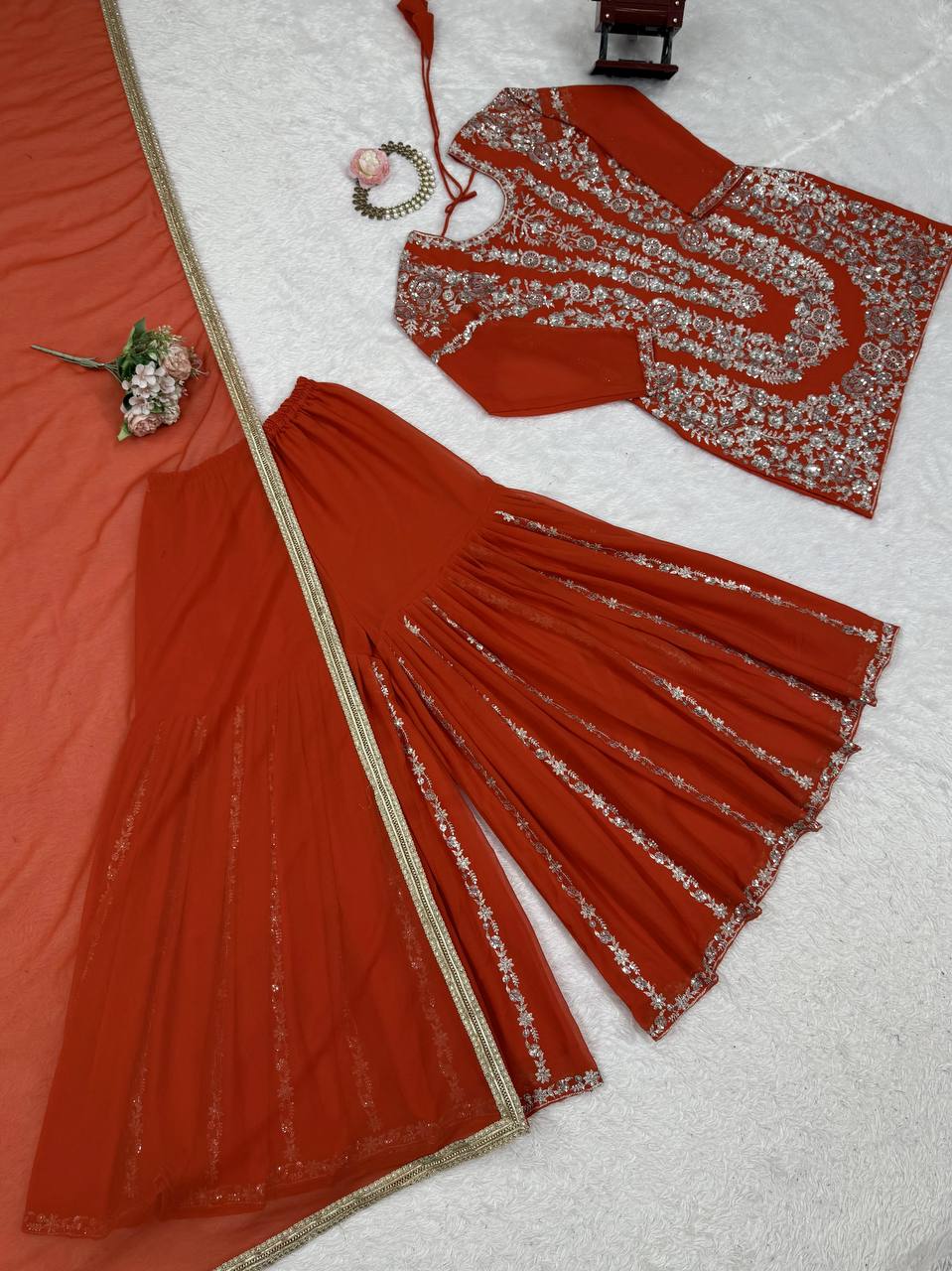 Orange Faux Georgette Sharara Set with Thread & Sequin Work Full Stitched Outfit with Lace Border Dupatta