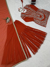 Orange Faux Georgette Sharara Set with Thread & Sequin Work Full Stitched Outfit with Lace Border Dupatta