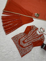 Orange Faux Georgette Sharara Set with Thread & Sequin Work Full Stitched Outfit with Lace Border Dupatta