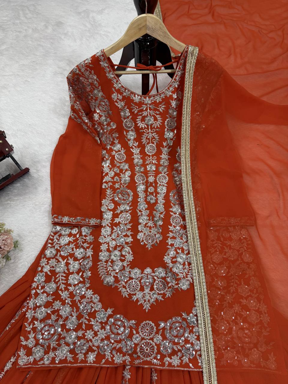 Orange Faux Georgette Sharara Set with Thread & Sequin Work Full Stitched Outfit with Lace Border Dupatta
