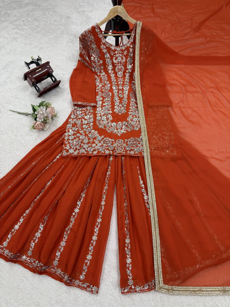 Orange Faux Georgette Sharara Set with Thread & Sequin Work Full Stitched Outfit with Lace Border Dupatta