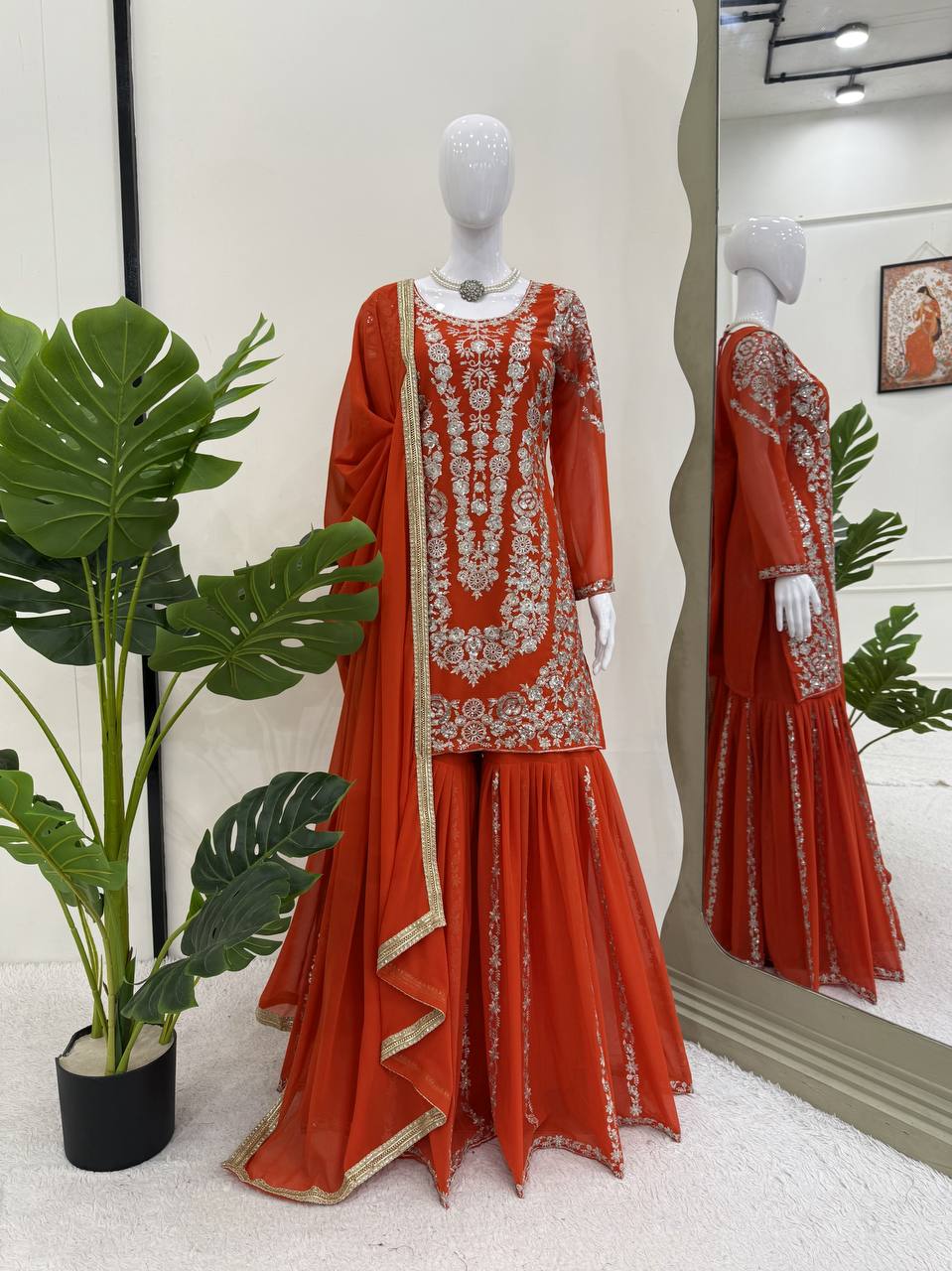 Orange Faux Georgette Sharara Set with Thread & Sequin Work Full Stitched Outfit with Lace Border Dupatta