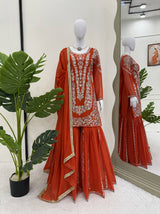 Orange Faux Georgette Sharara Set with Thread & Sequin Work Full Stitched Outfit with Lace Border Dupatta