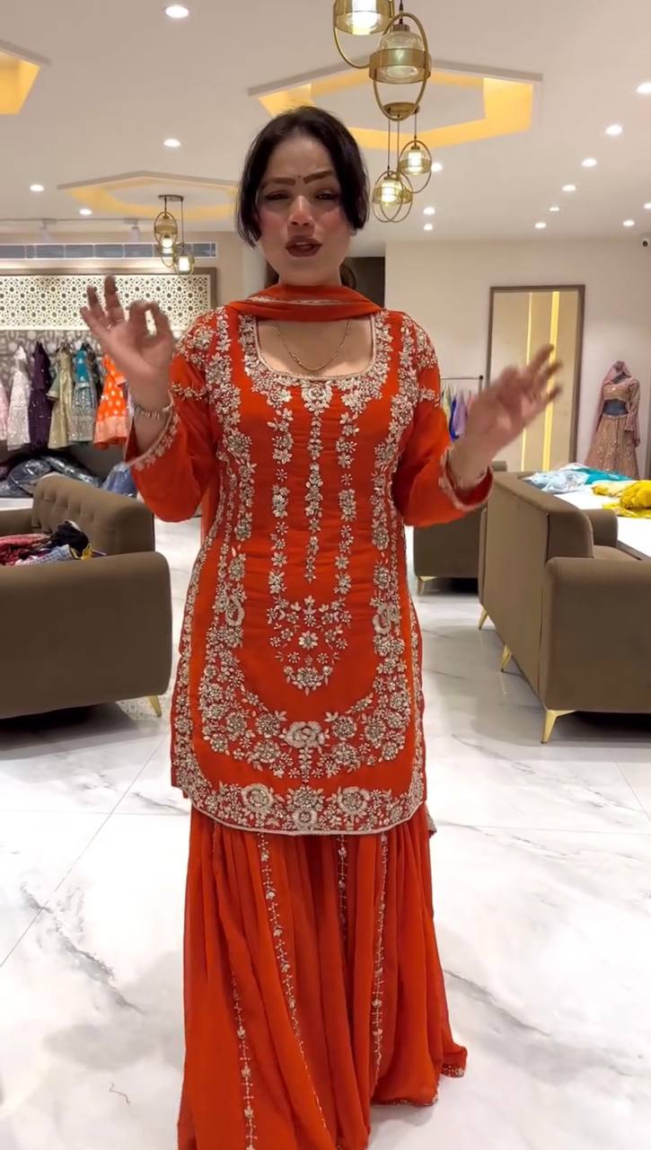 Orange Faux Georgette Sharara Set with Thread & Sequin Work Full Stitched Outfit with Lace Border Dupatta